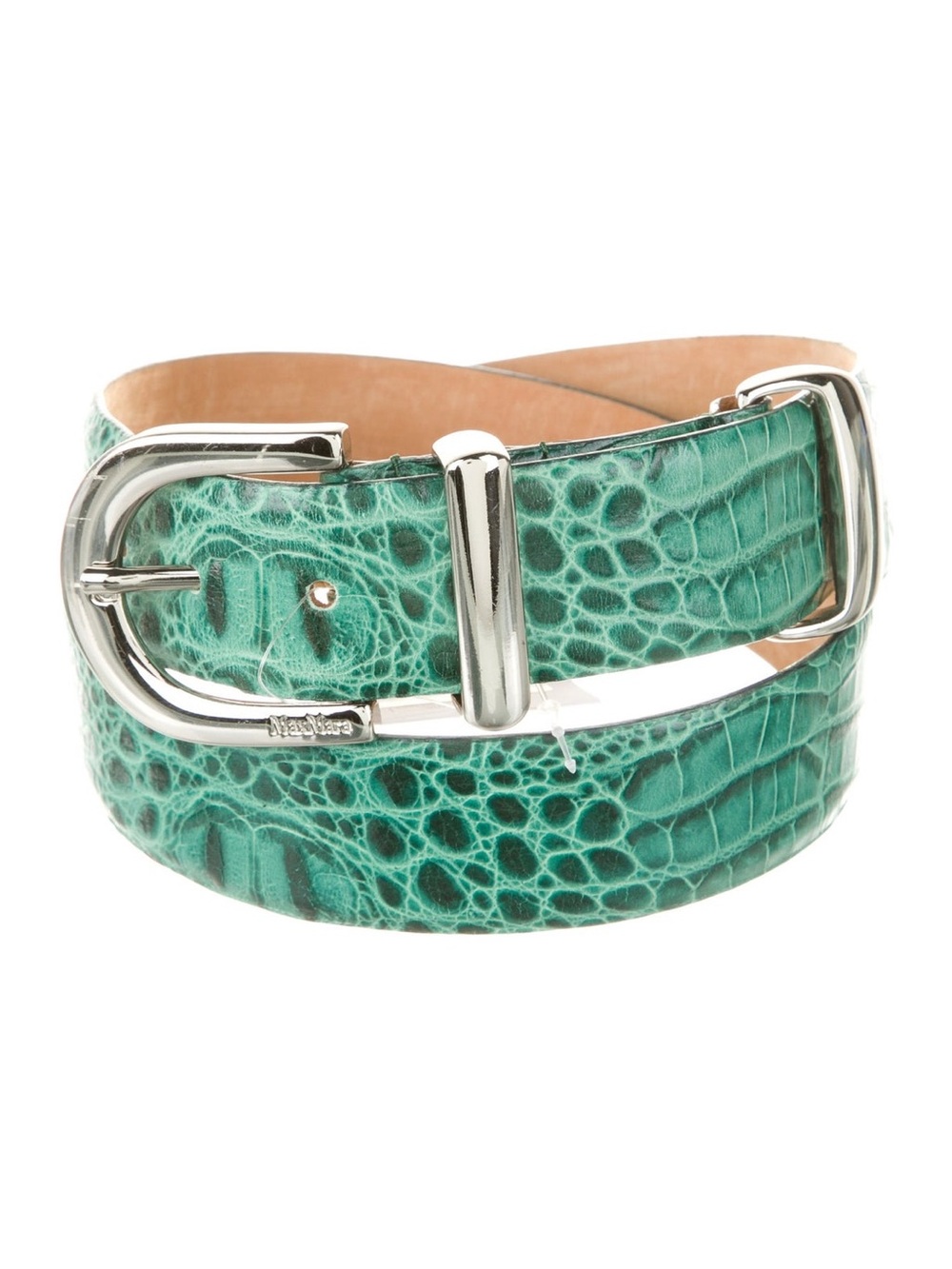 MaxMara Green Croc-Embossed Leather Belt with Silver Buckle